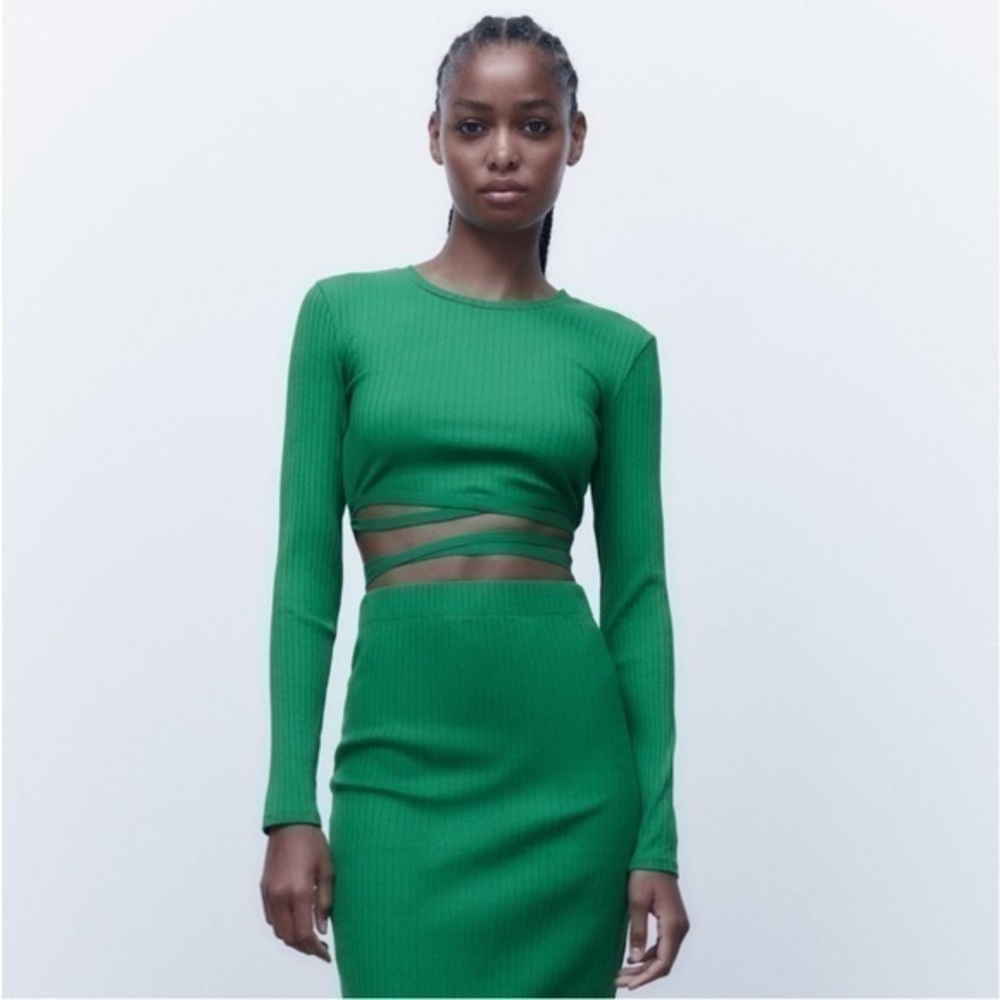 Zara Kelly Green crop top with lace up tie S New with tag